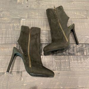 Suede high heel peep heel booties. EUC